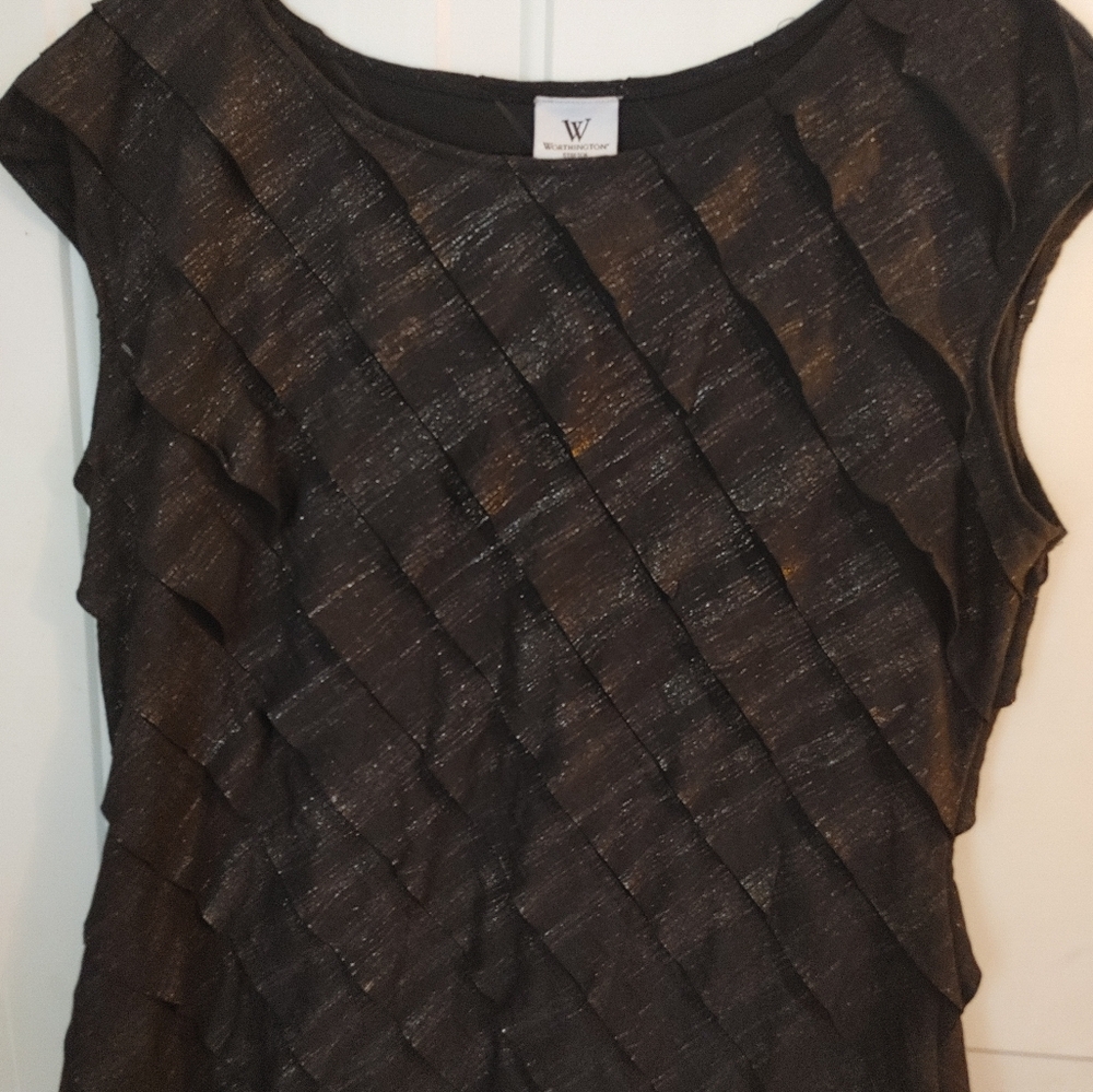 WORTHINGTON Stretch Black And Silver Short Sleeve Ruffled Women's Blouse L